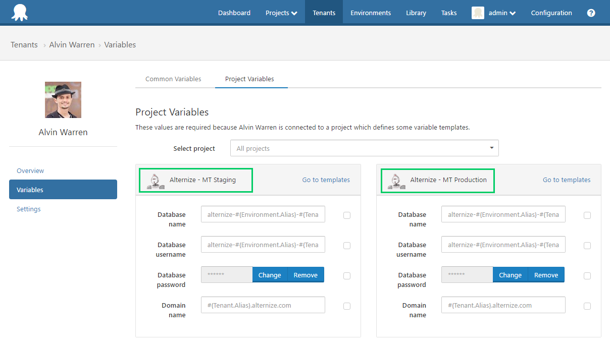 Project Variables Octopus UI