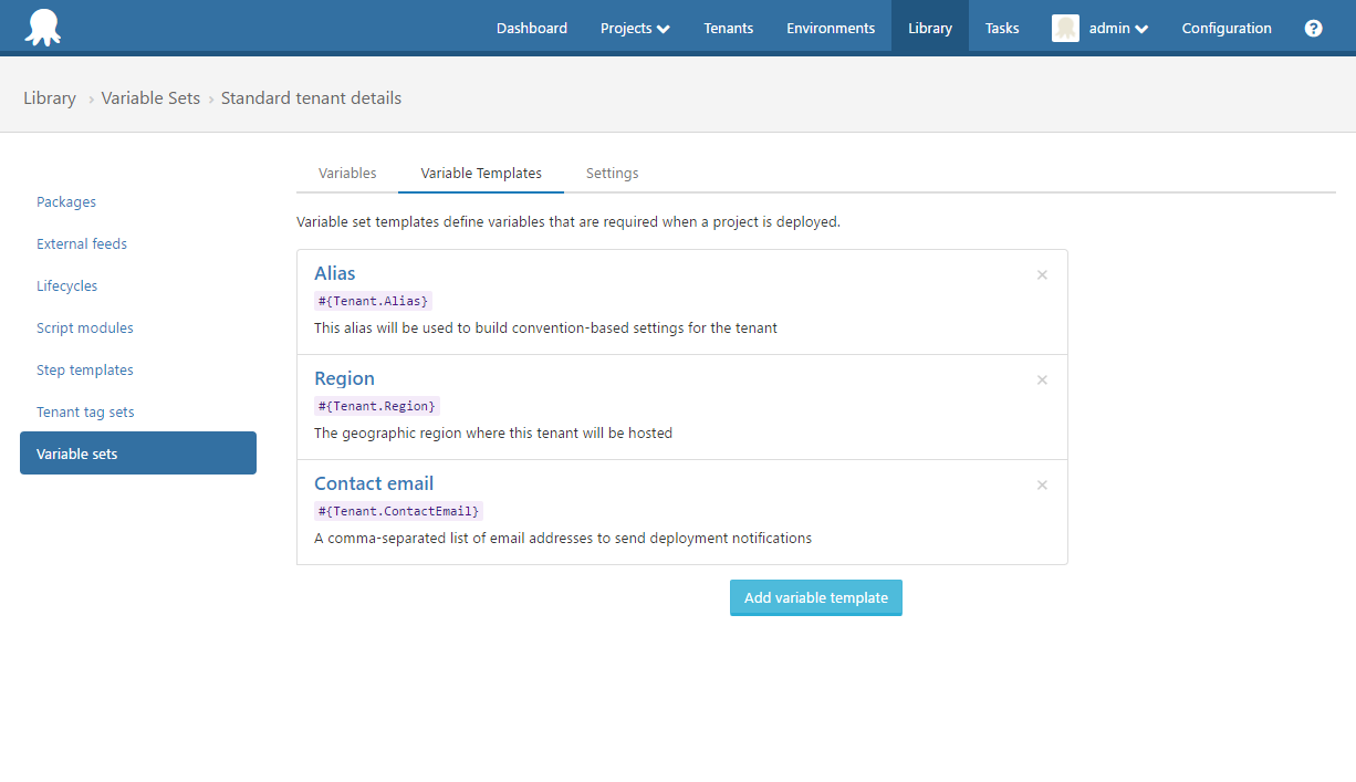 Standard Tenant Variables Octopus UI