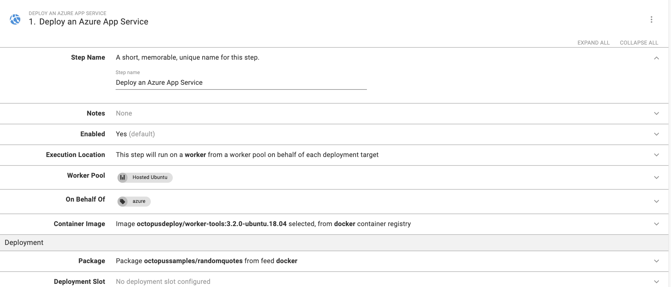 Octopus Azure deploy step configuration