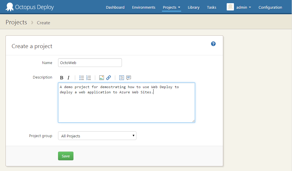 Create New Octopus Project Details