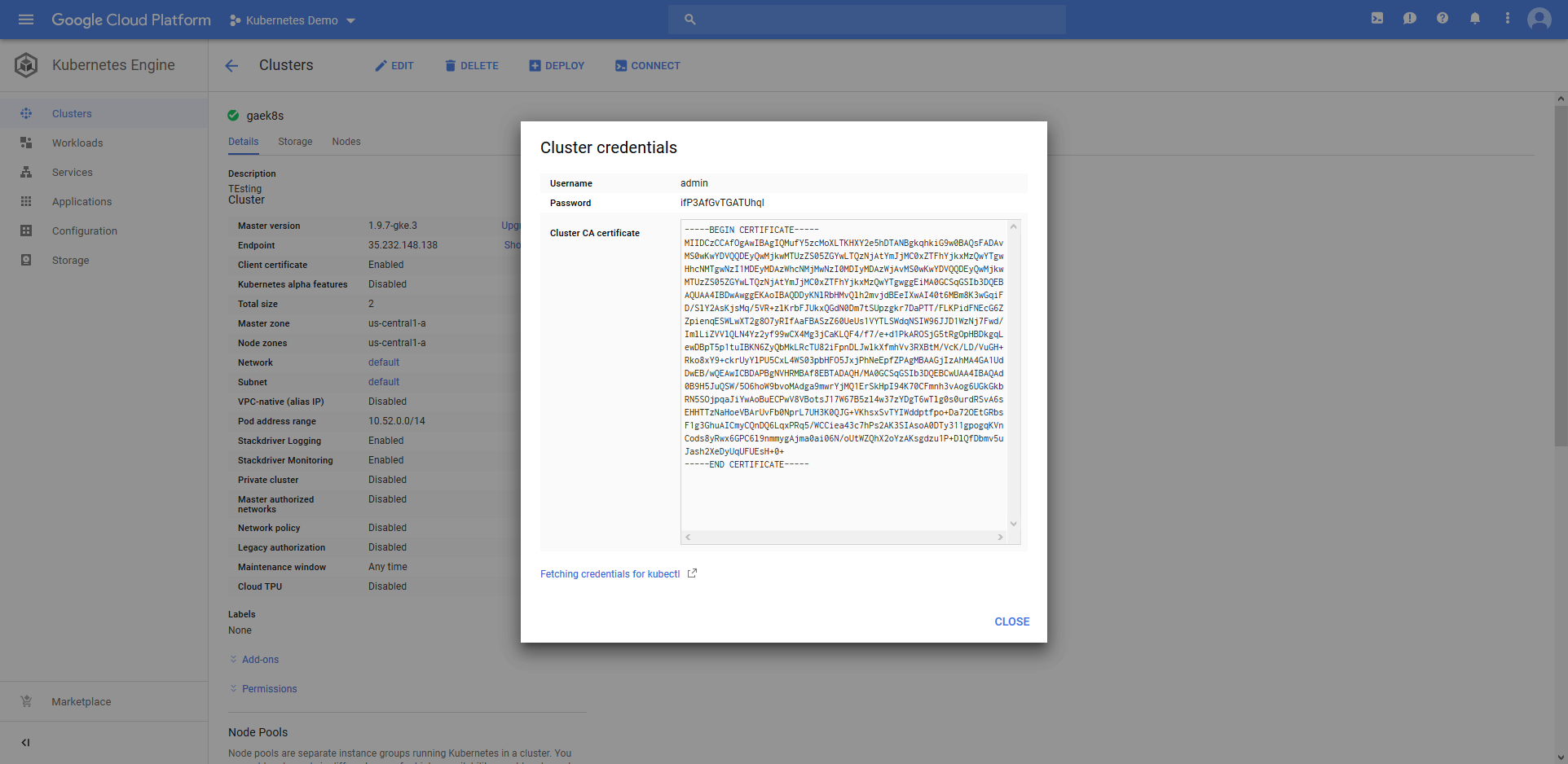 Kubernetes cluster details