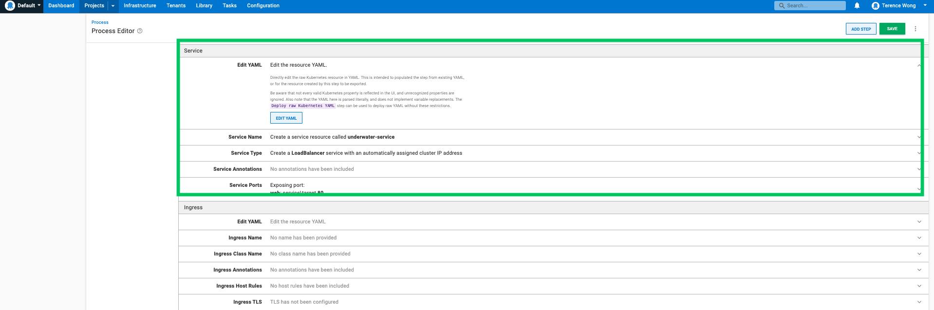 Kubernetes Service section in Octopus process editor