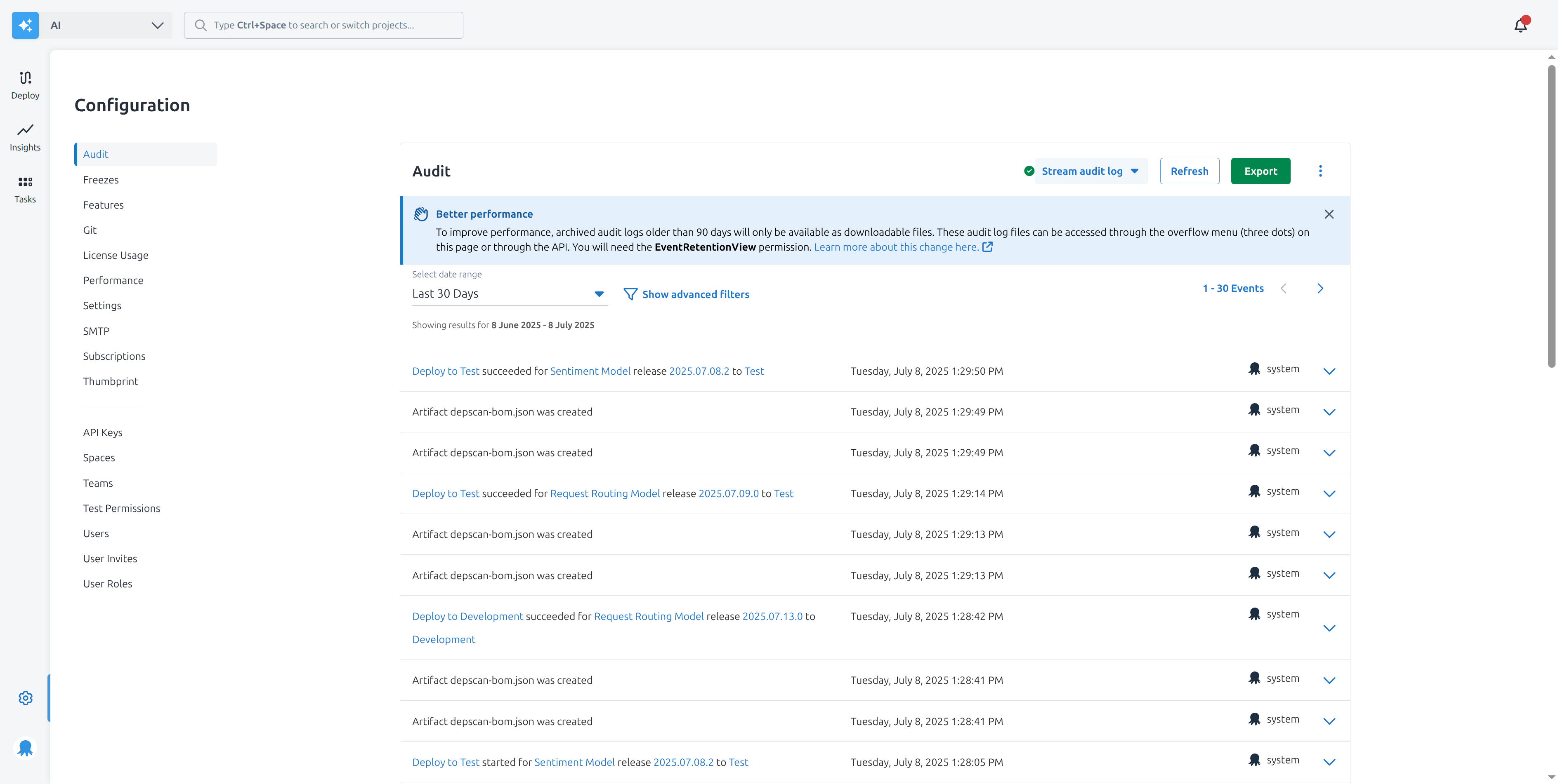 A screenshot of the audit log showing deployments