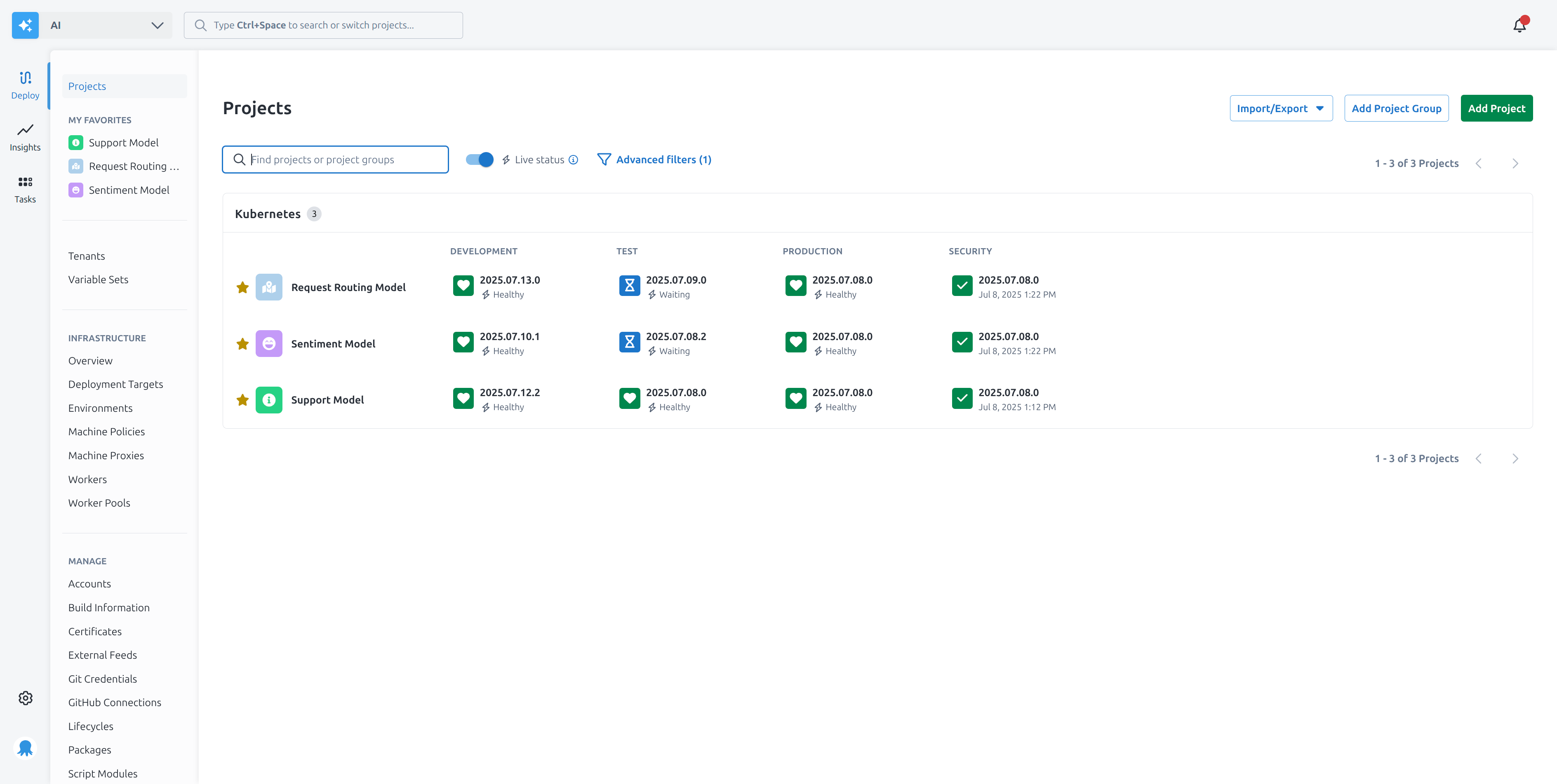 A screenshot of the dashboard showing the Kubernetes live object status