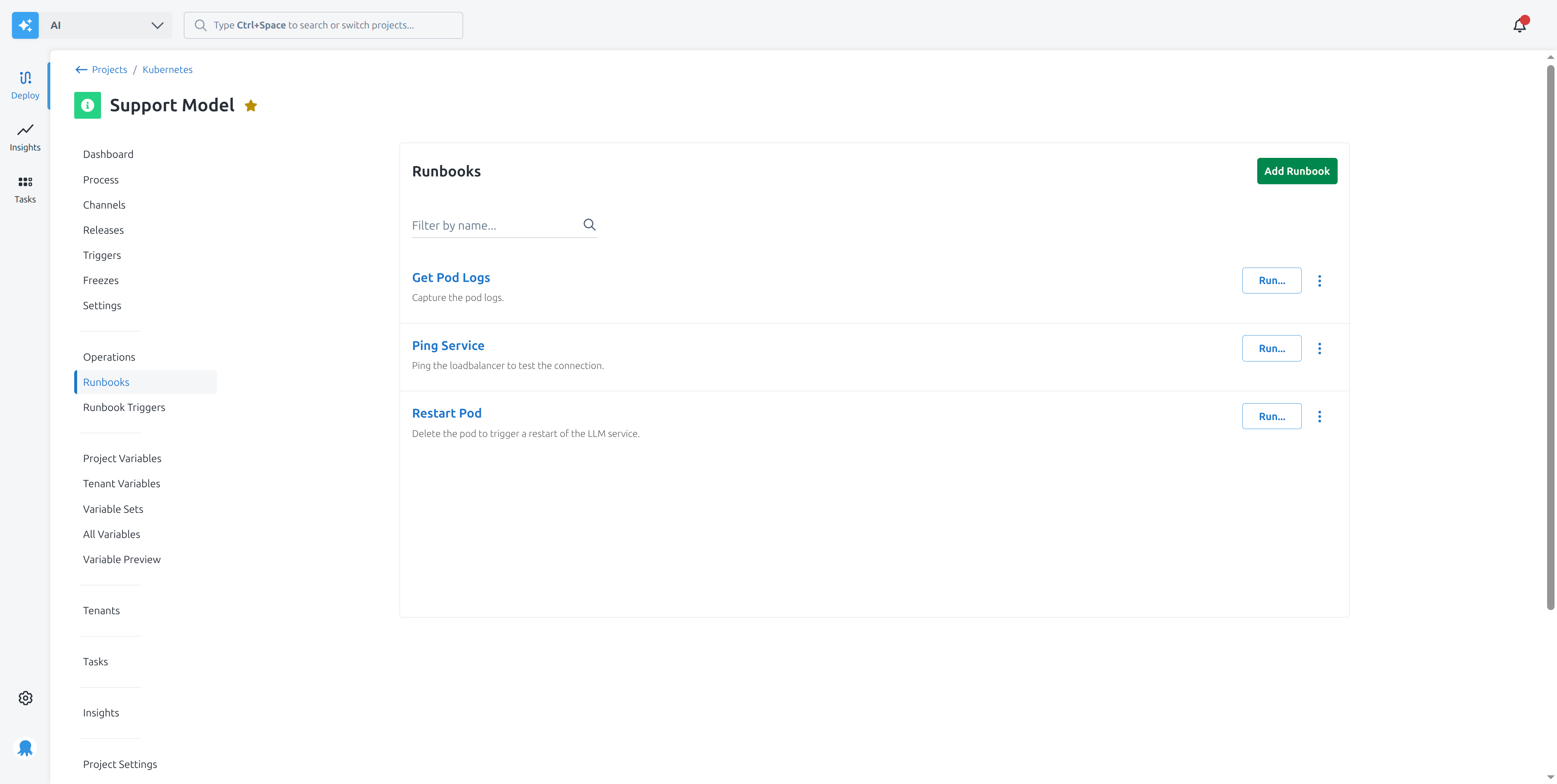 A screenshot of Octopus runbooks