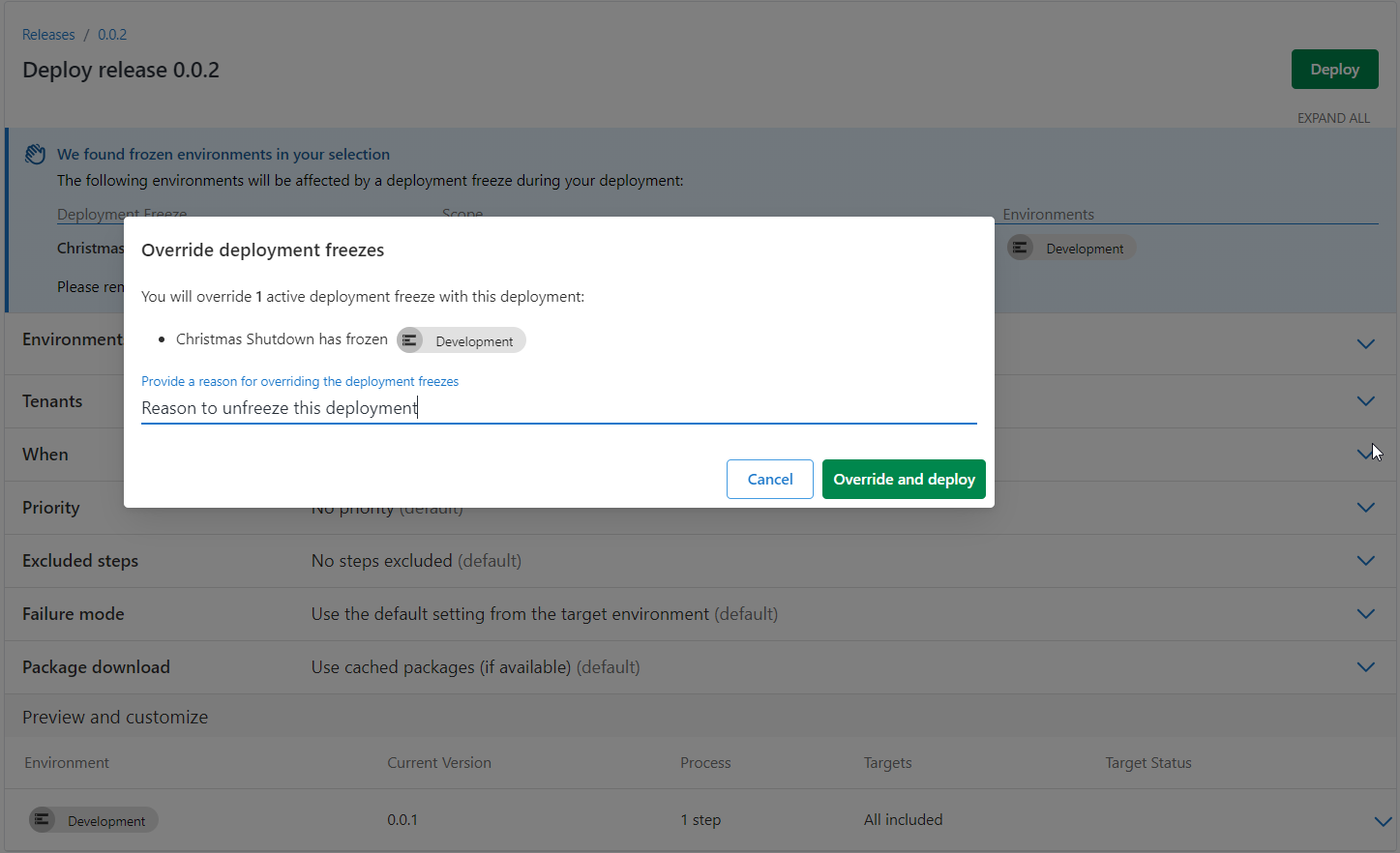 Screenshot of the Deployment Freeze interface