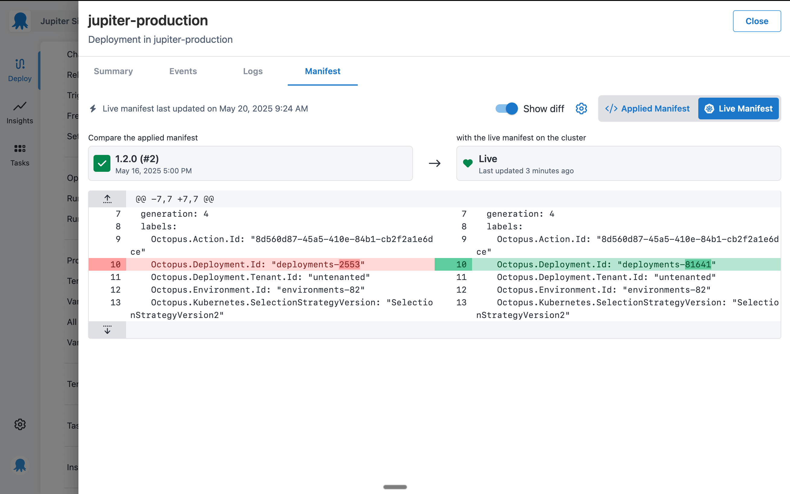 Kubernetes live manifest diff