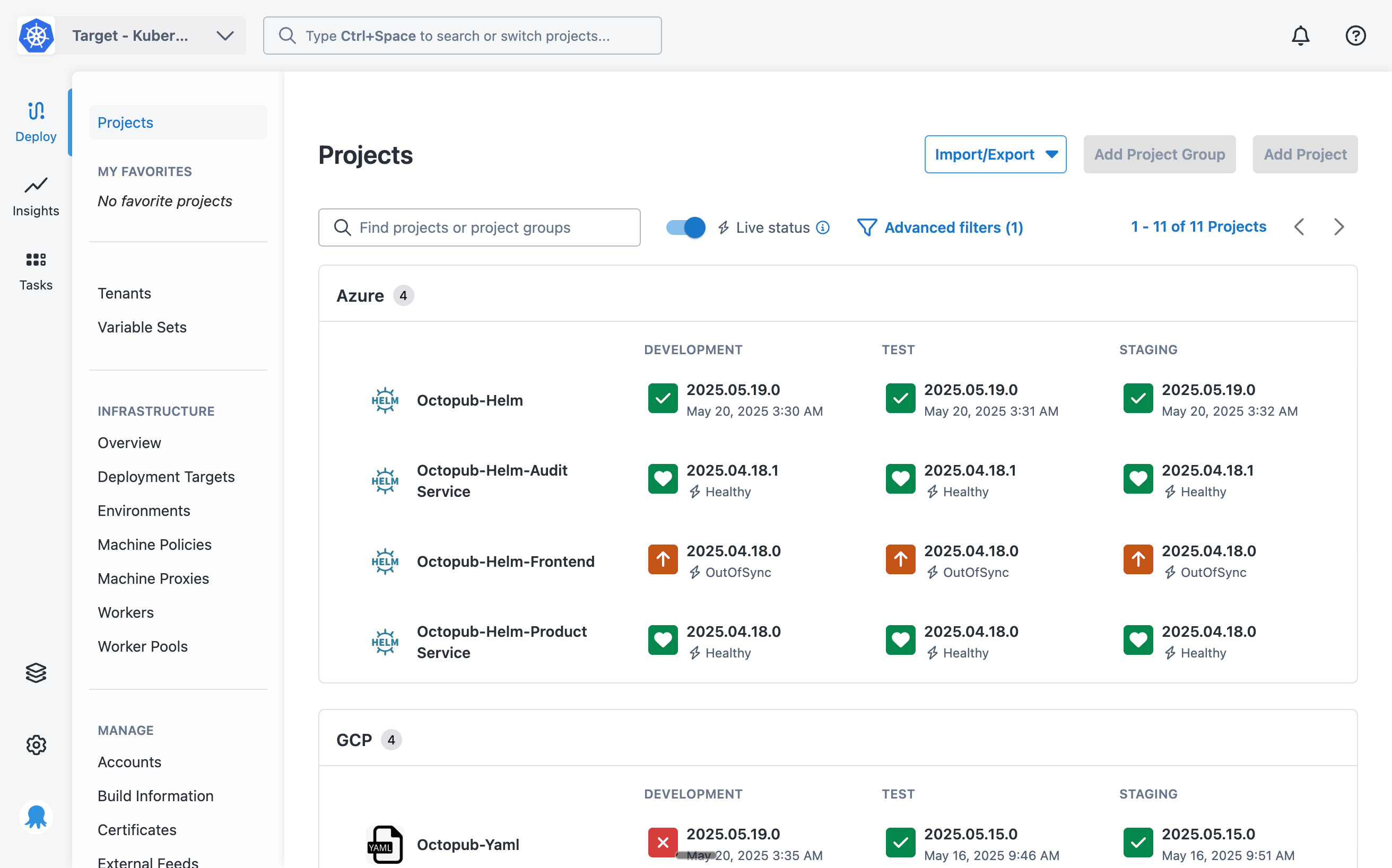 Octopus main dashboard