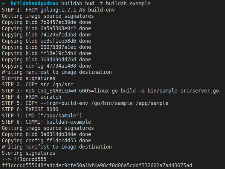 Dockerfile build output with Buildah