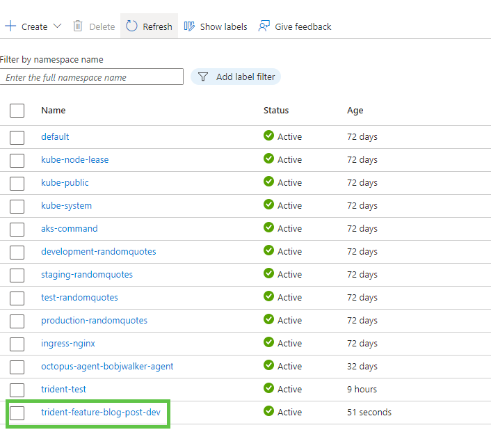 Two new namespaces appear in the cluster