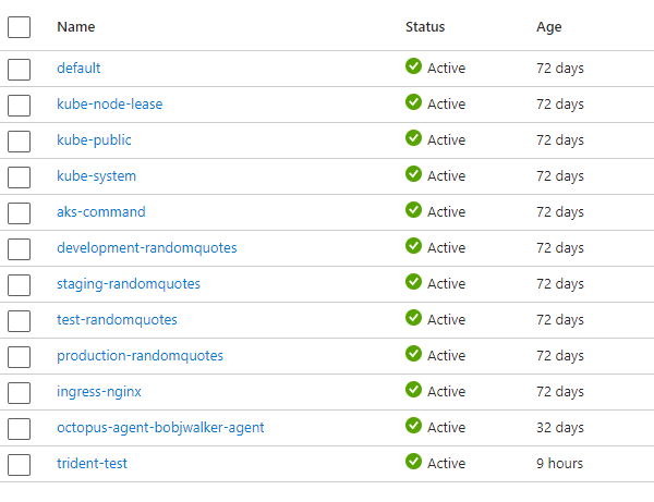 The namespaces in AKS before creating a feature branch