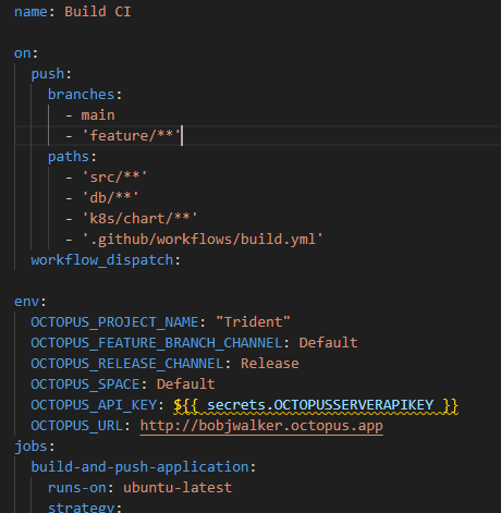 The beginning of the GitHub action showing the triggers and environment variables