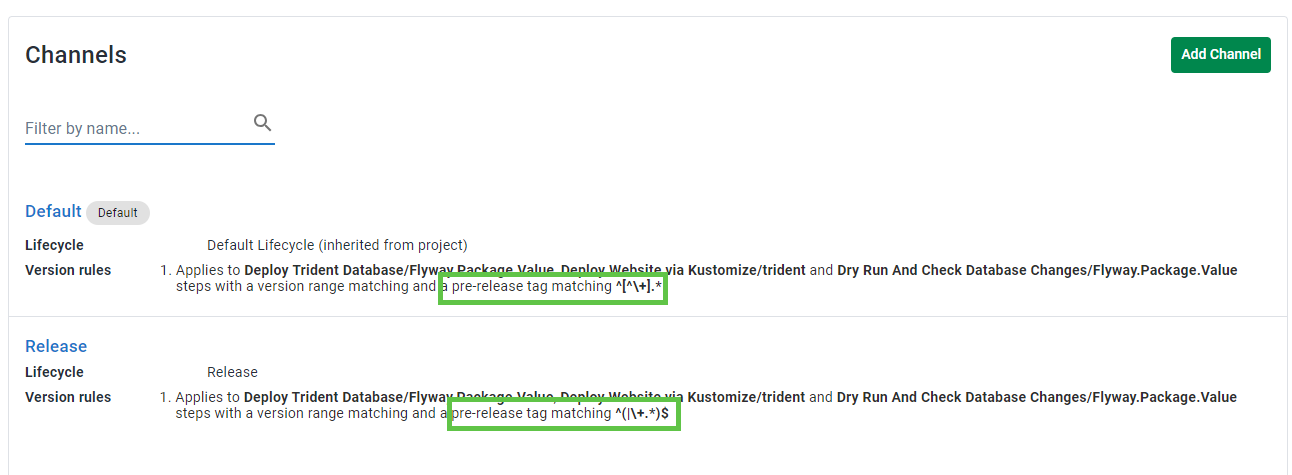 Configuring two channels with version rules