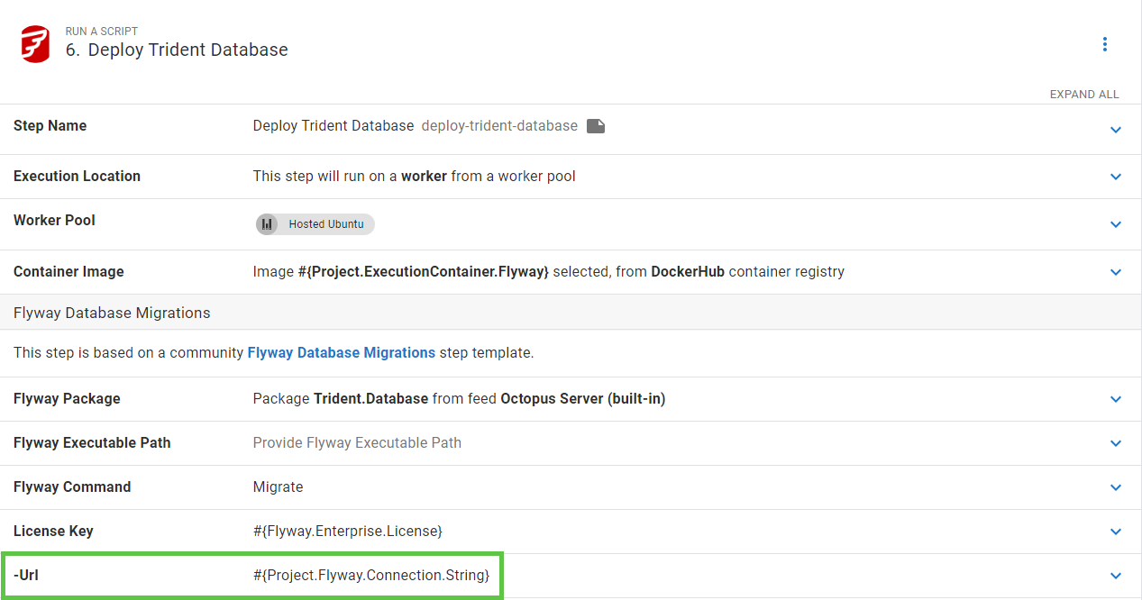 Showing the database step must use the connection string variable, which uses the branch name