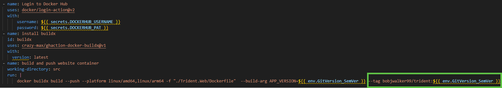 Leveraging the calculate version step output variable when building the docker container