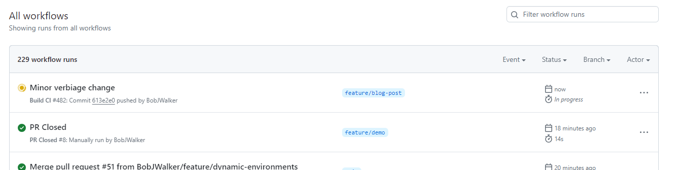 The GitHub action in progress after a check-in on the feature branch
