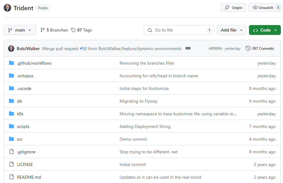 Overview of the GitHub repo with Octopus and GitHub Actions included with source code