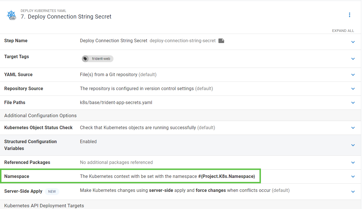 Showing the kubernetes step must use the namespace variable, which uses the branch name