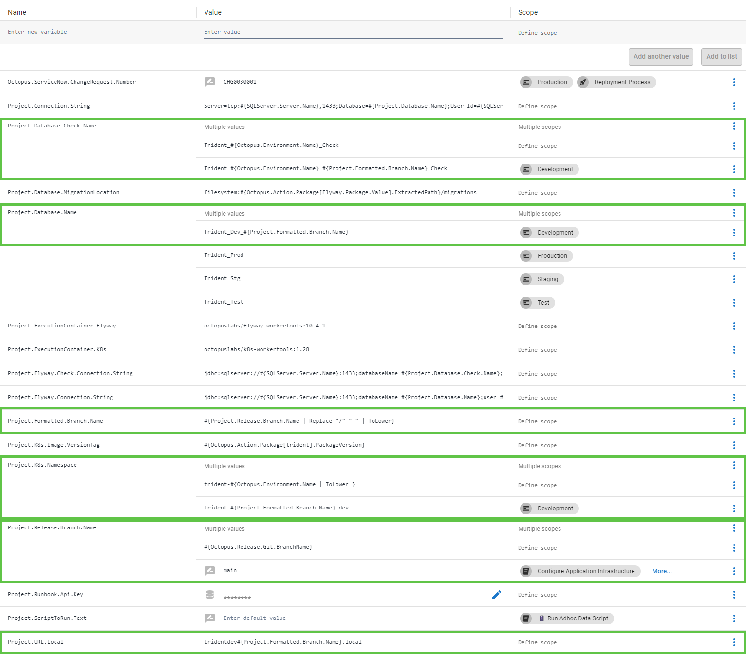 Updating variables in Octopus to support the feature branches