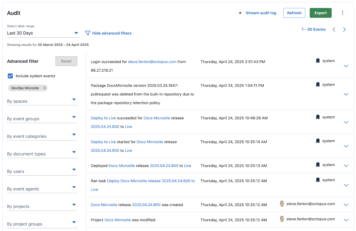 The audit trail screen shows recent changes, deployments, and runbook runs and has filters to easily find what you need.