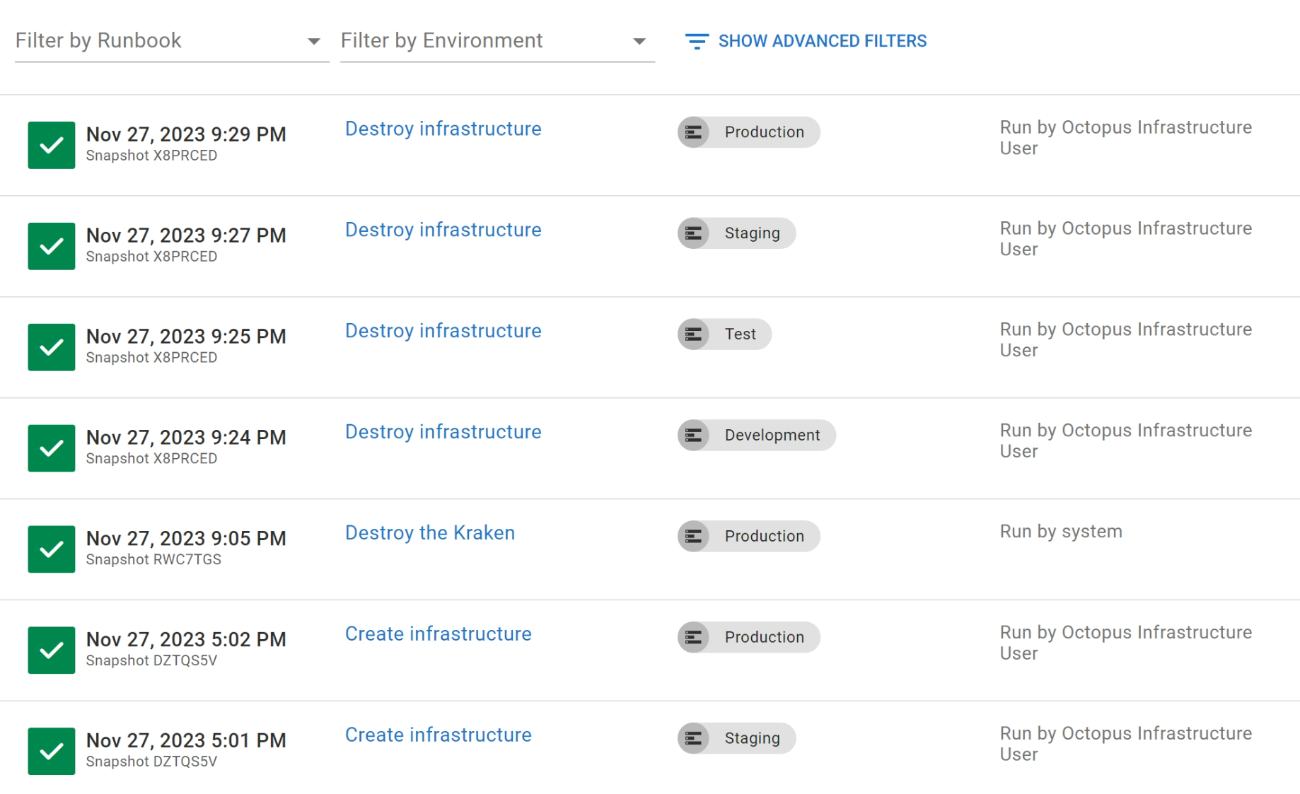 A list of runbooks that have been triggered and whether they succeeded.