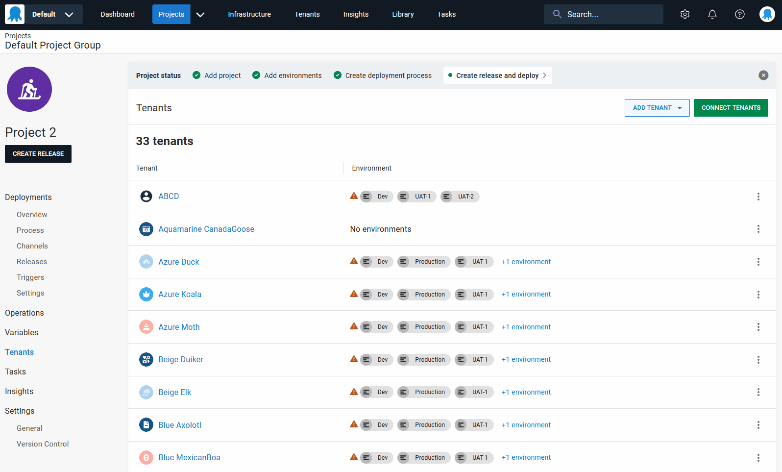 Cloning an existing tenant from the new tenants page in a project