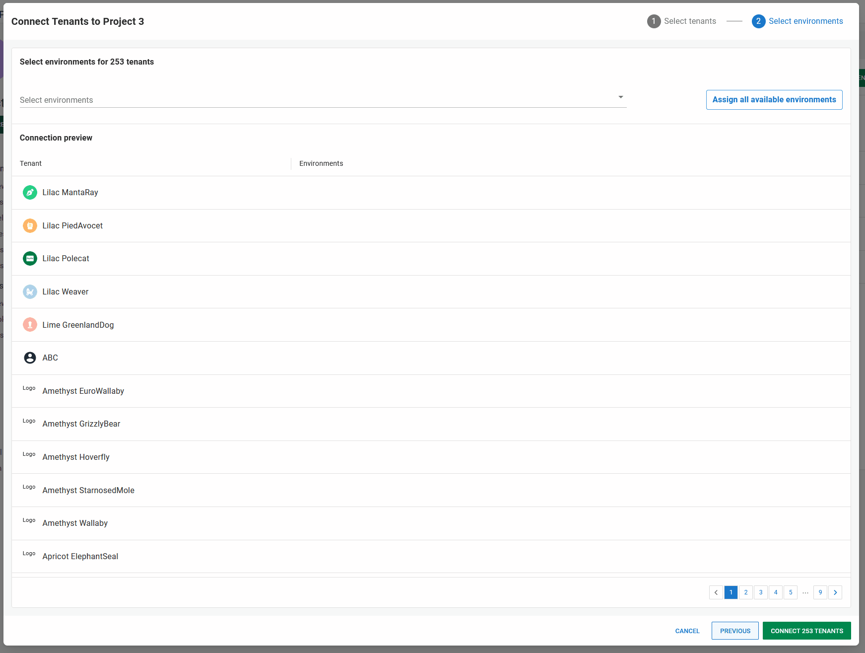 Assigning some or all of the environments to the tenants in the project