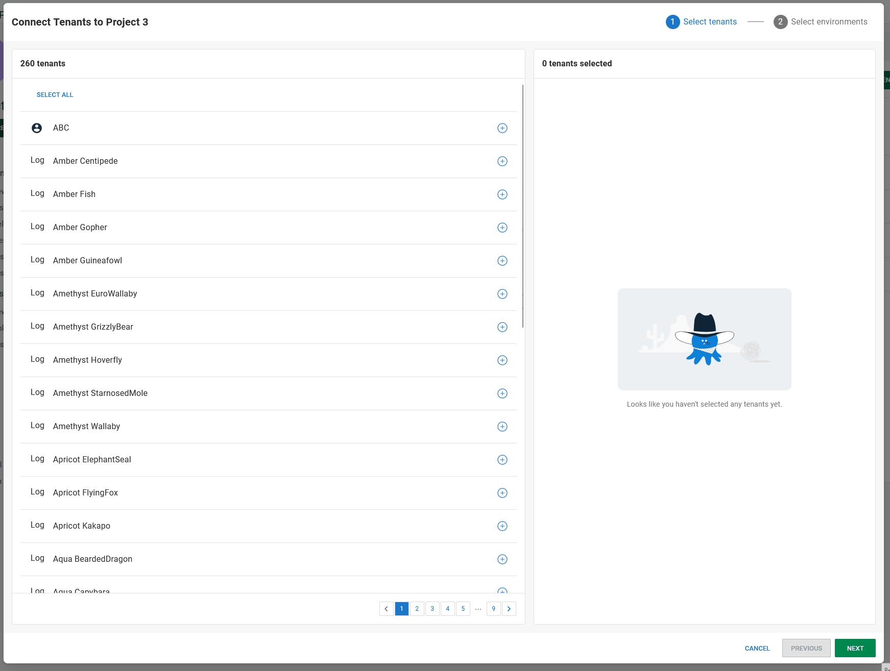 Selecting some or all of the tenants to be connected to a project