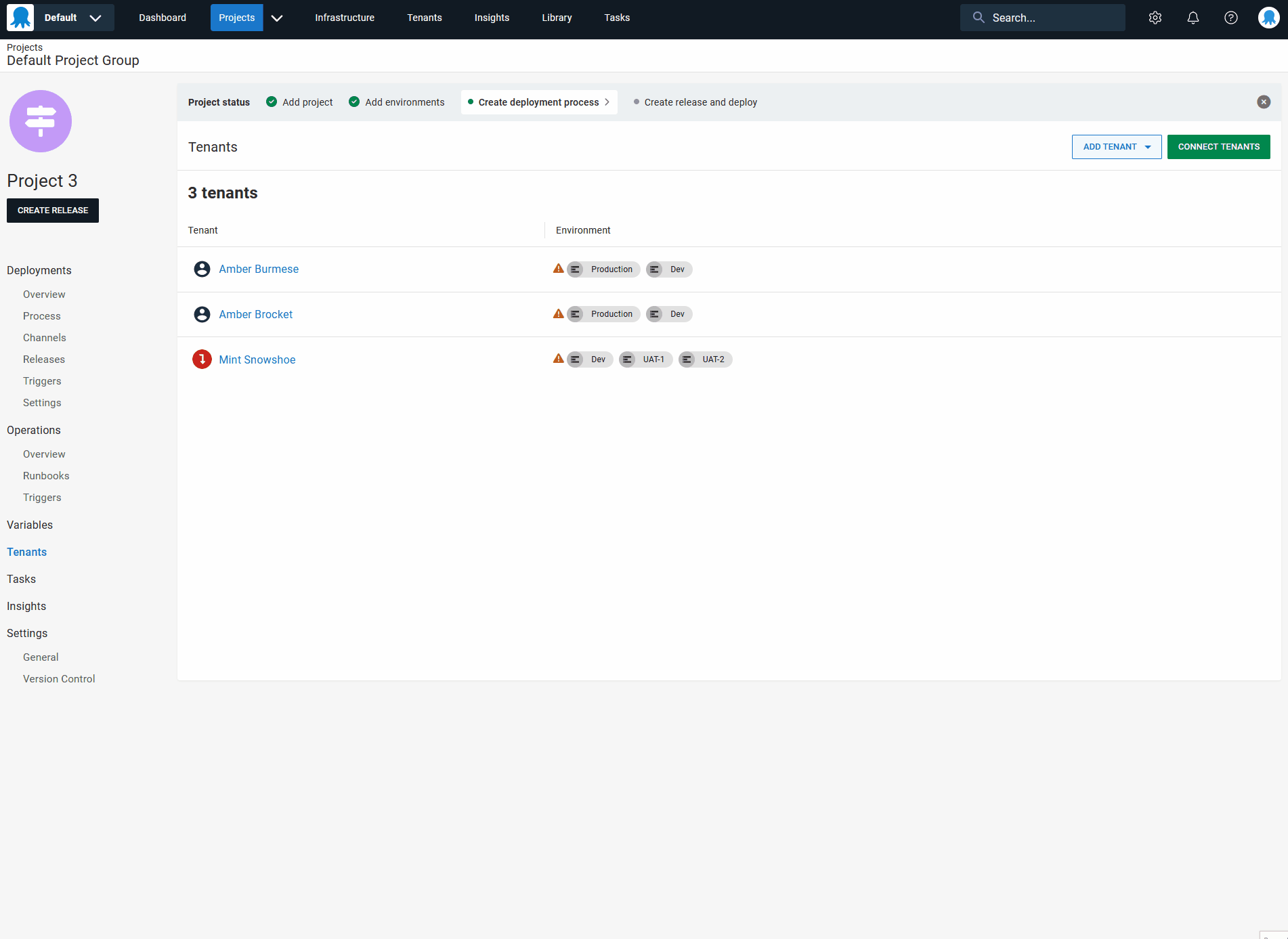 The wizard style format of attaching tenants to a project