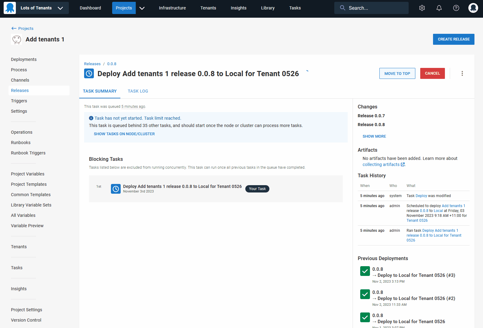 Moving an important task to the top of the task queue on the task page for a specific project using the 'Move to Top' button