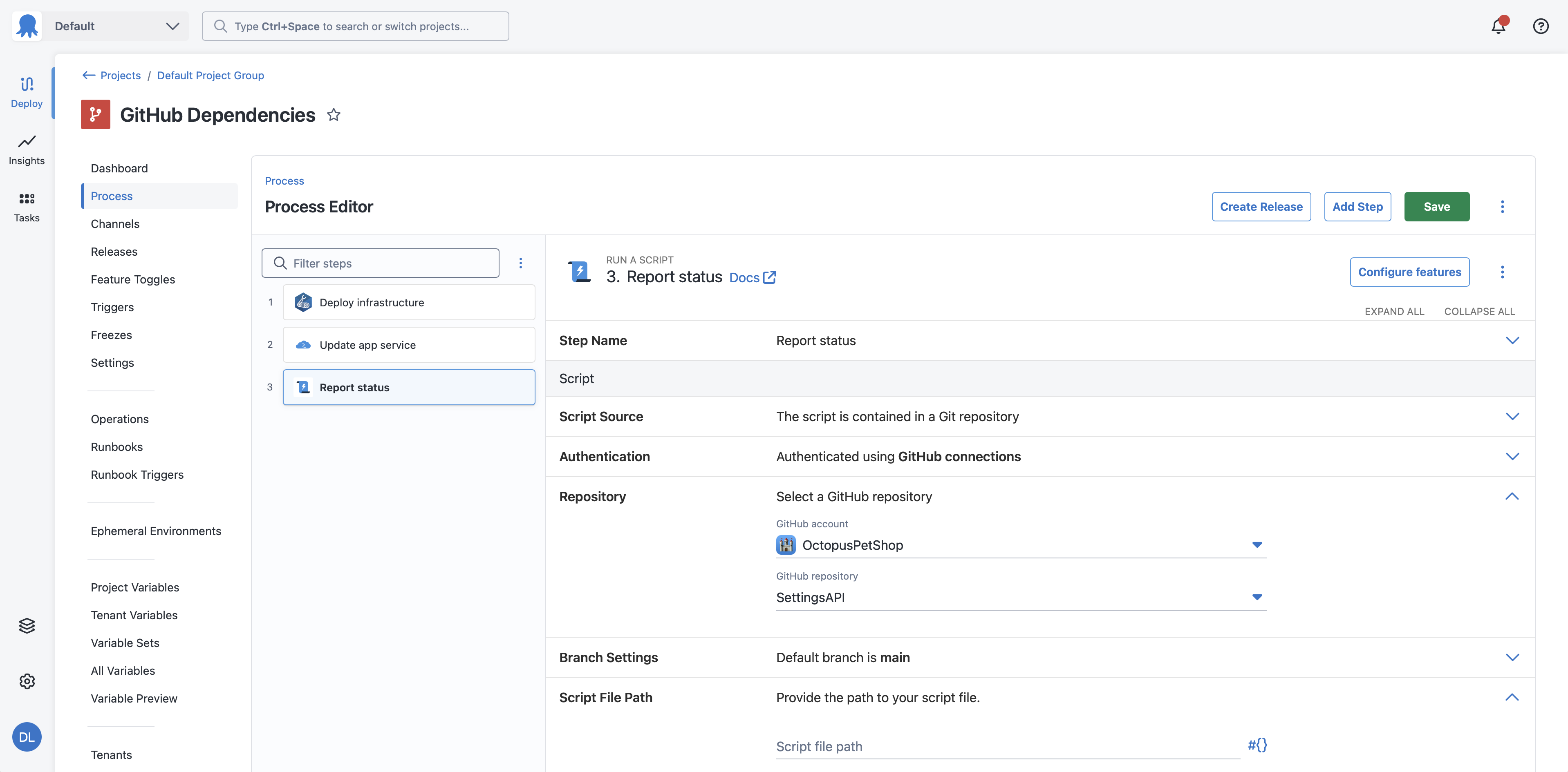 Screenshot of deployment process page with a GitHub Connection selected
