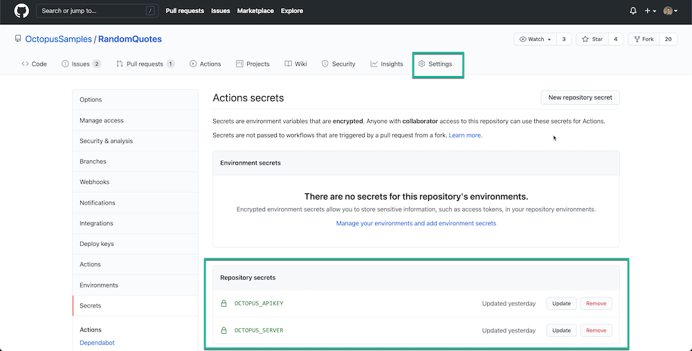 GitHub Actions Secrets for the Octopus Server URL and an API key