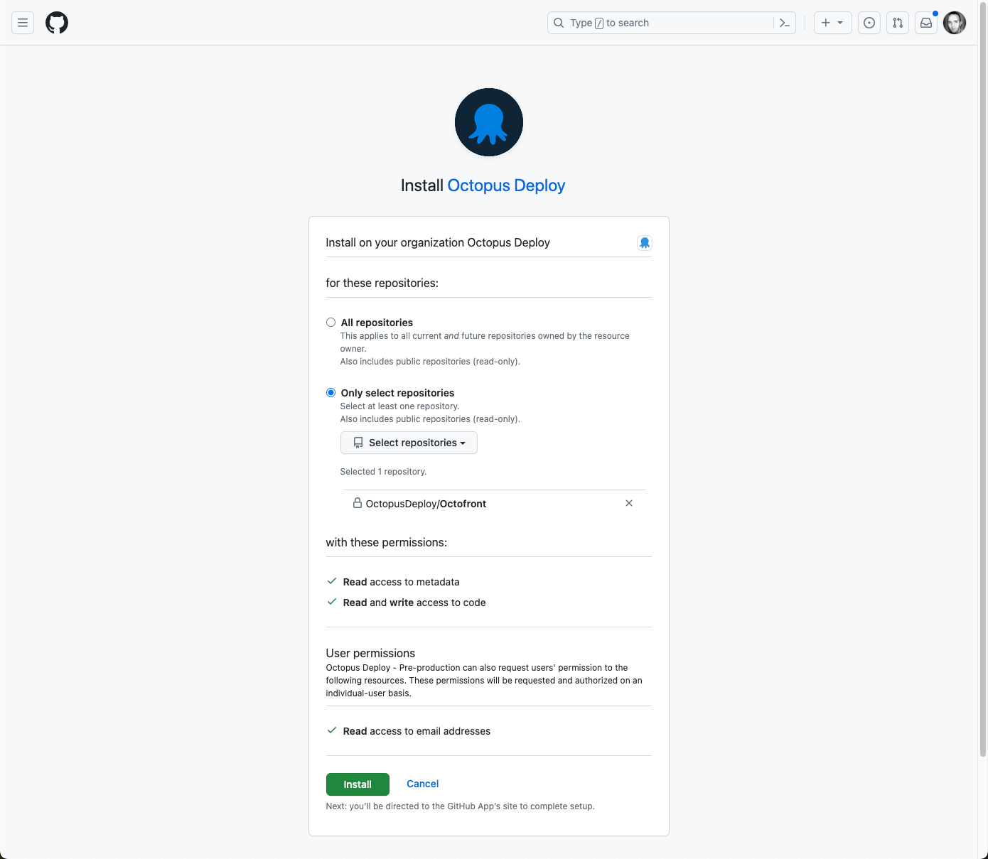 Granting the Octopus App access to Repositories