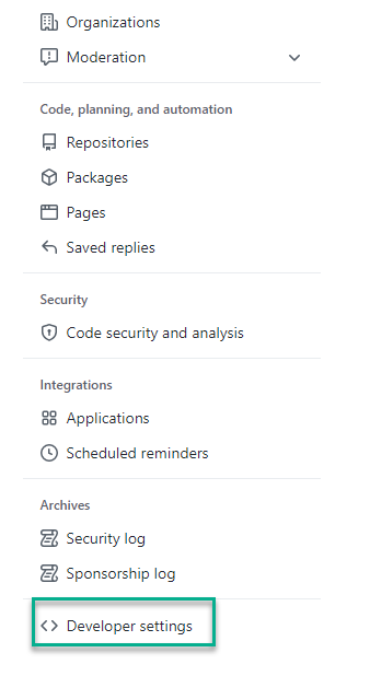 GitHub project with Developer Settings highlighted