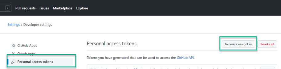 GitHub project with Personal access tokens and Generate new token highlighted