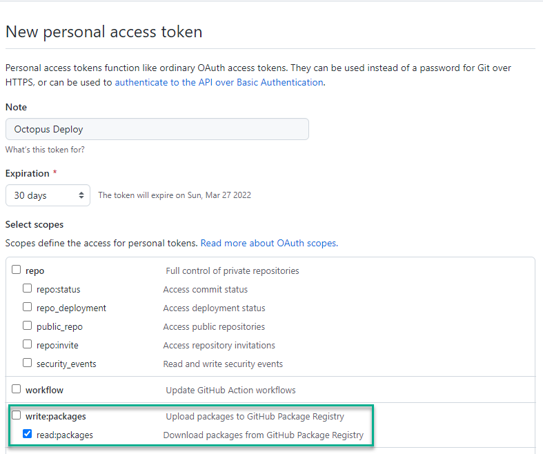 New personal access token screen