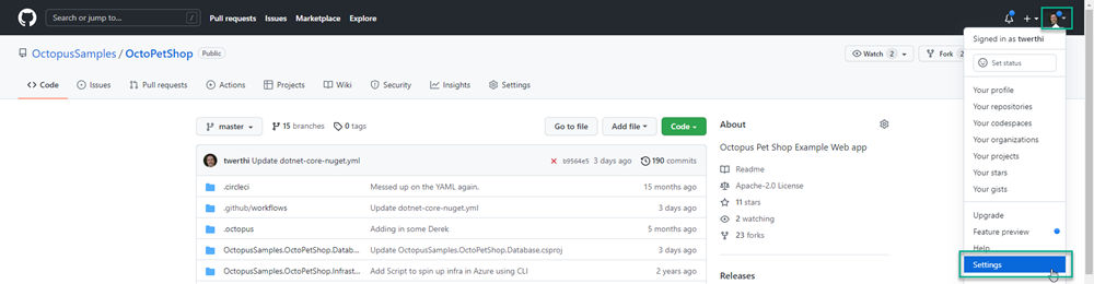 GitHub project with Settings highlighted