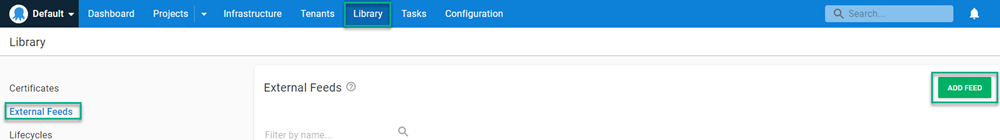 Octopus dashboard with External Feeds highlighted