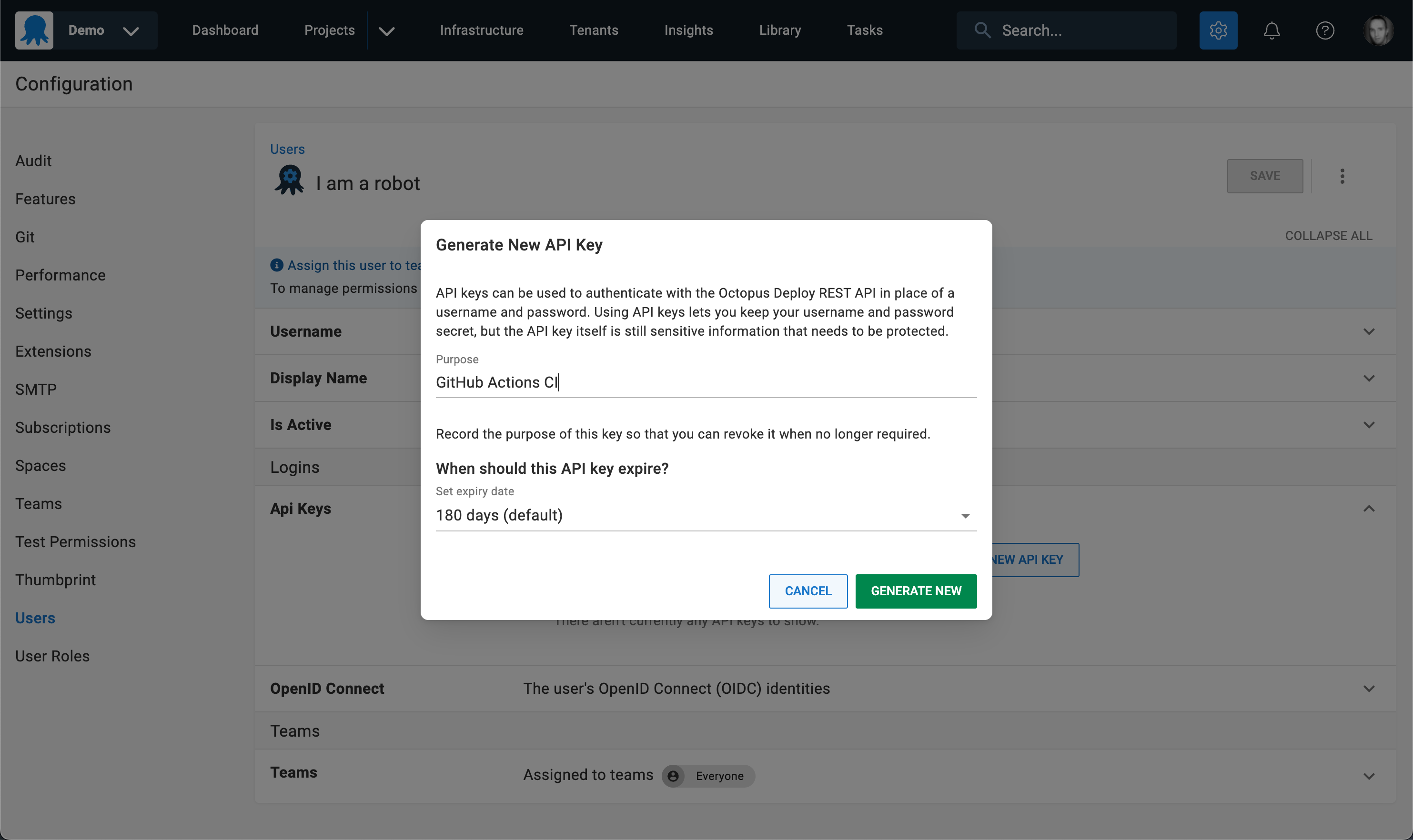 Creating the API key on the Service Account