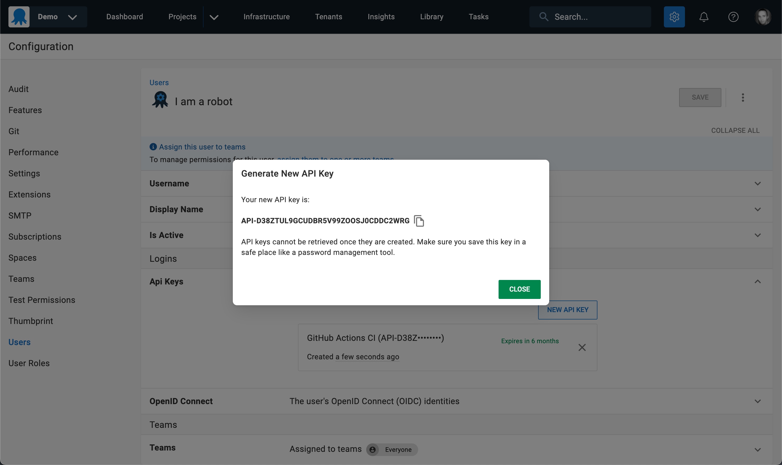 The API Key is then copied
