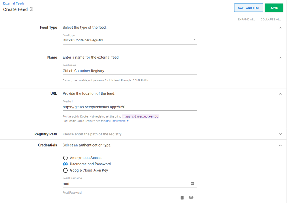 Octopus dashboard showing Create Feeds screen under External Feeds section