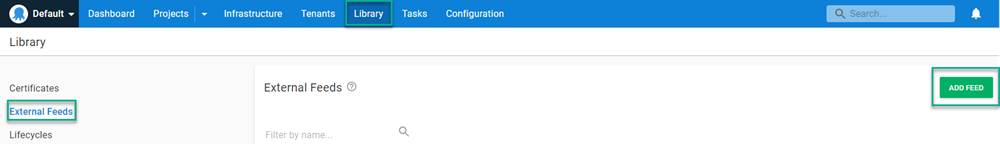 Octopus dashboard on Library tab with External Feeds and ADD FEED highlighted in the UI.