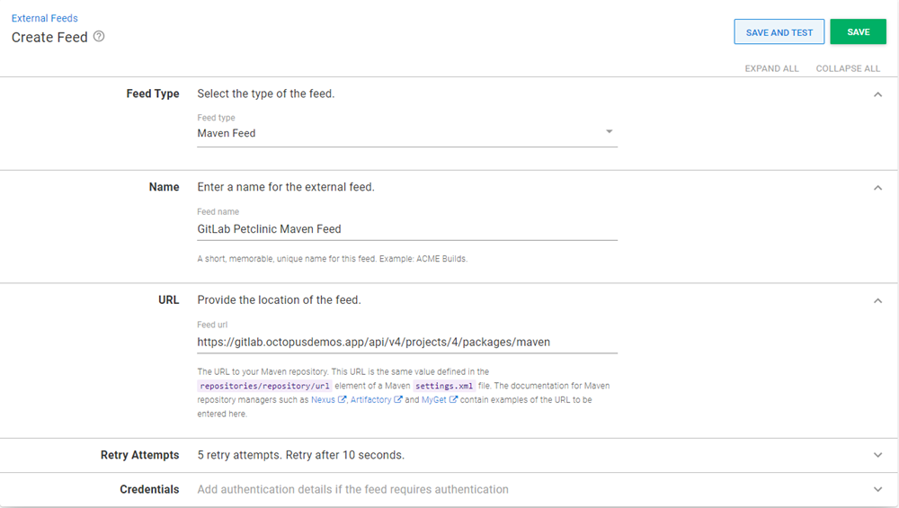 Octopus dashboard showing Create Feeds screen under External Feeds section
