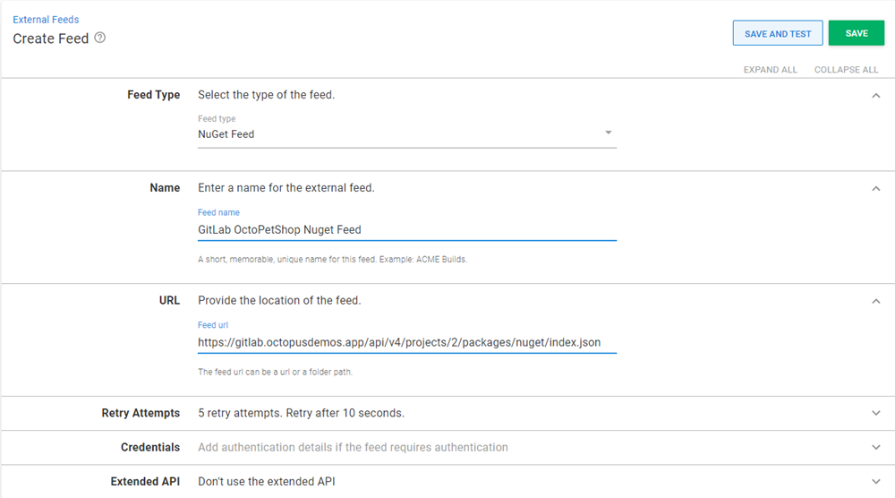 Octopus dashboard showing Create Feeds screen under External Feeds section