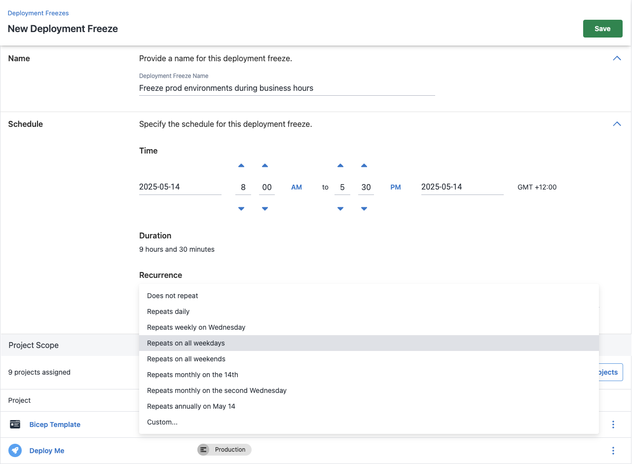 Create Deployment Freeze window showing new functionality of recurring freezes