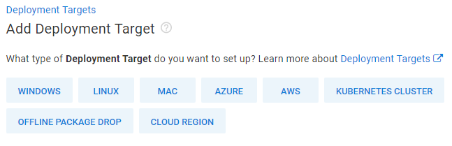 Octopus's deployment target wizard, showing the types of targets you can connect to
