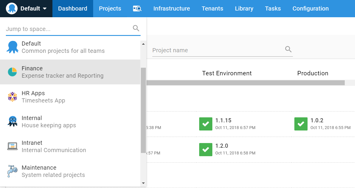An example of organizational structure using Octopus's Spaces feature
