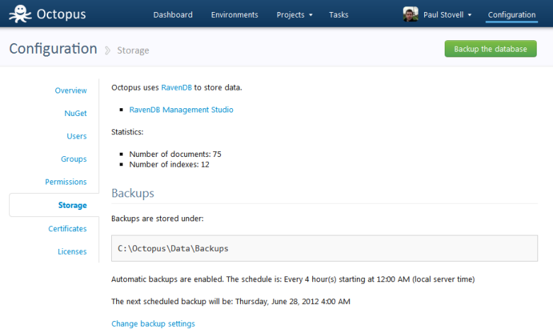 The backups page in the Octopus web portal