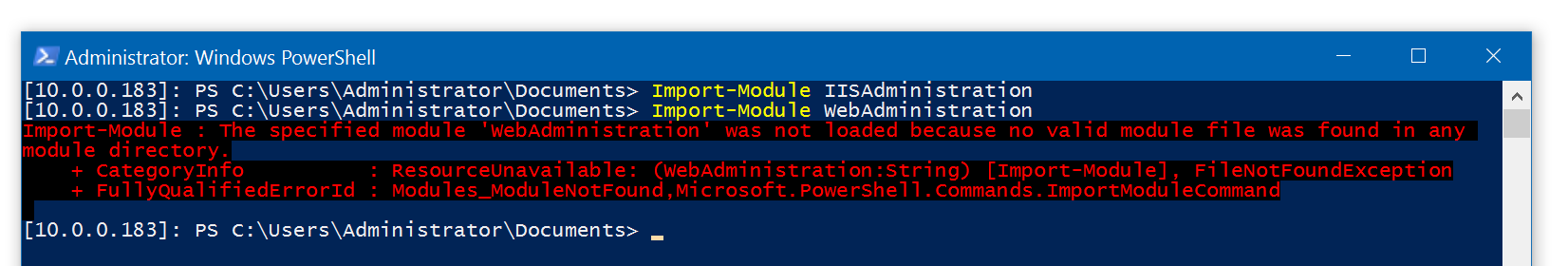 Nano Server supports IISAdministration, but not WebAdministration