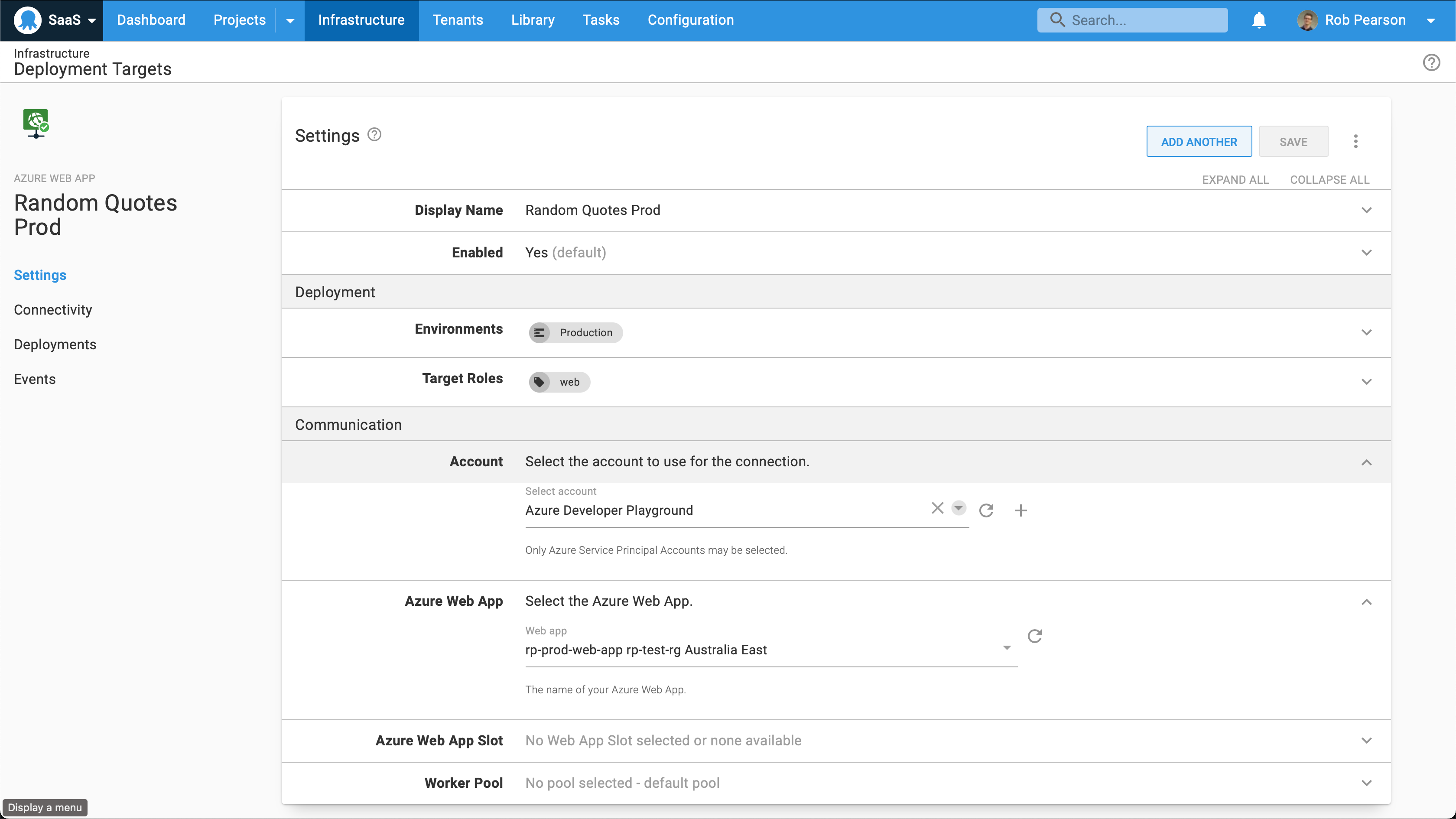 Azure web app deployment targets